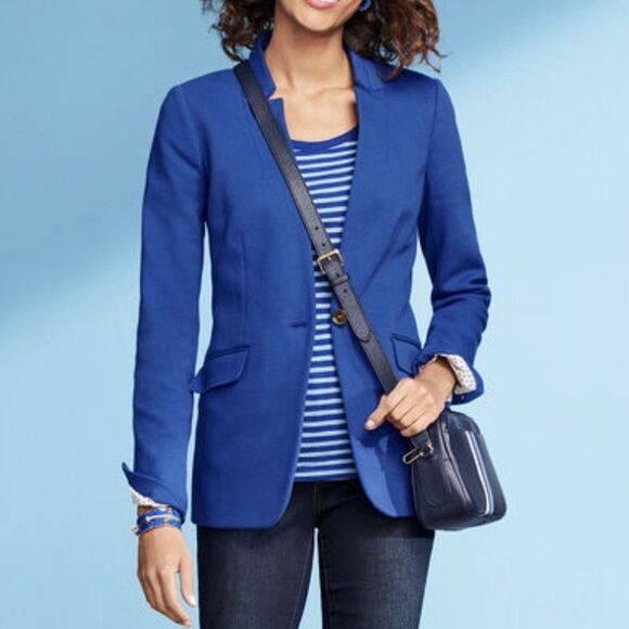 Talbots Jackets & Blazers - Talbots Easy Knit Blazer Stretch Twill Blue Womens 8 Polka Dot Lining One-Button